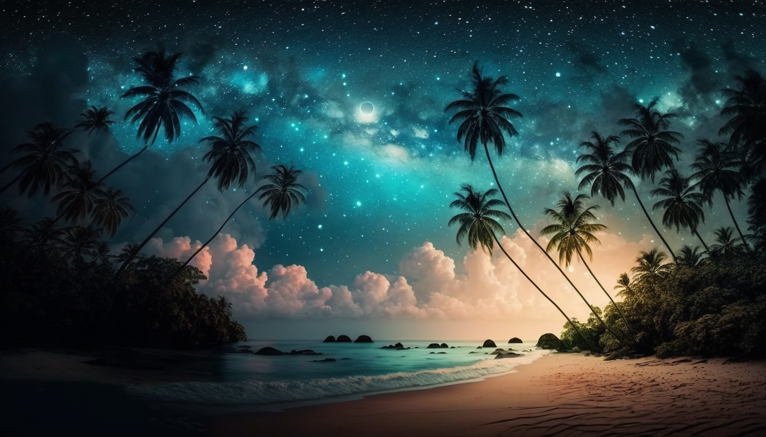 A tropical beach with palm trees and a star-filled sky above.