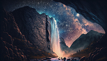 A waterfall cascading down a cliff with a galaxy-filled sky above.