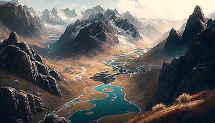 A rocky mountain range with a meandering river in the valley below.