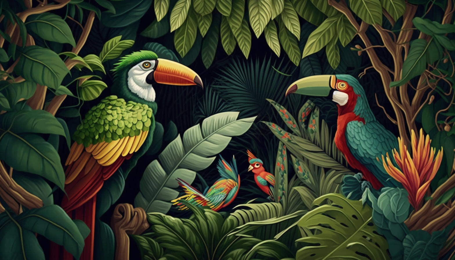 A lush green jungle with exotic birds and animals peeking out from the foliage.