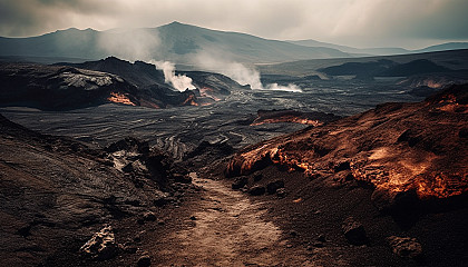 Dramatic volcanic landscapes with lava flows and smoking craters.