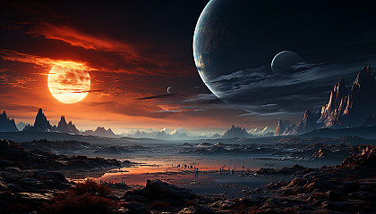 A planet hanging on the horizon of an alien landscape.