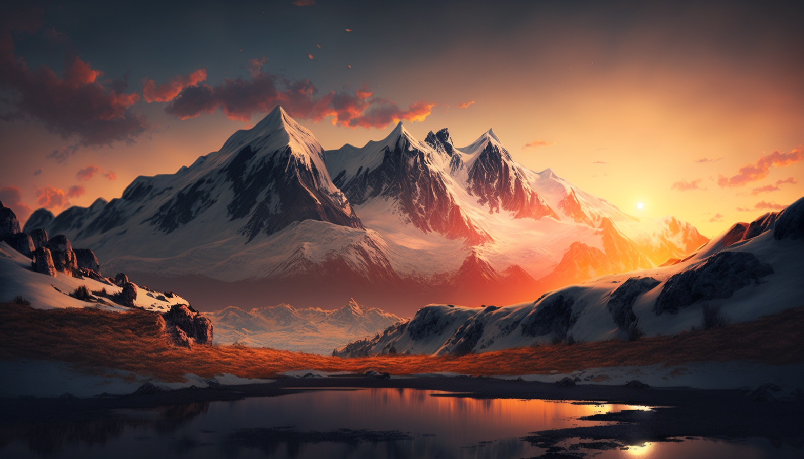 A majestic mountain range with a sunset sky as the background