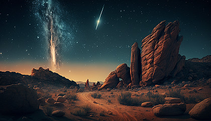 A rocky desert landscape with a shooting star streaking across the sky.