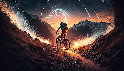 A bike rider zooming down a mountain trail with sparks flying from the wheels and a fiery sunset in the background.