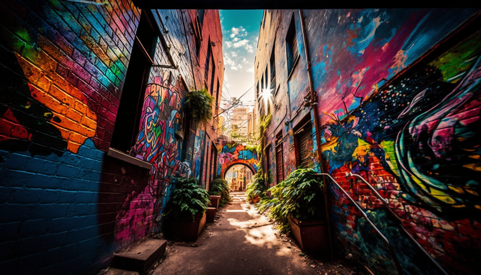 A photograph of a graffiti-covered alleyway bursting with color