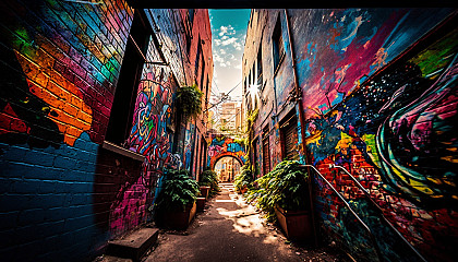 A photograph of a graffiti-covered alleyway bursting with color