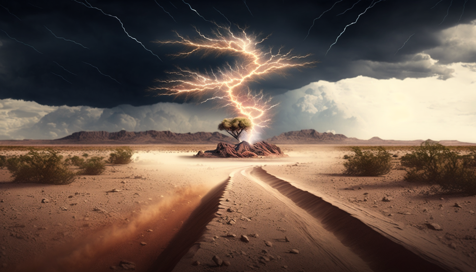 A lightning bolt striking a desert landscape at high speed.