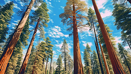 Towering sequoias stretching up to a clear blue sky.