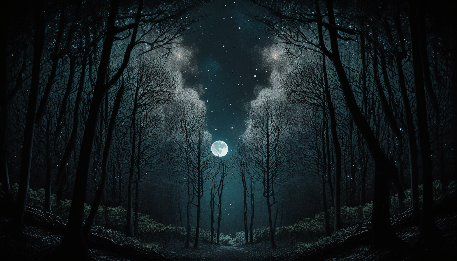 An ethereal image of a forest at night, with the moon and stars peeking through the treetops.