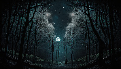 An ethereal image of a forest at night, with the moon and stars peeking through the treetops.