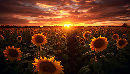 A field of sunflowers turning towards the sun.