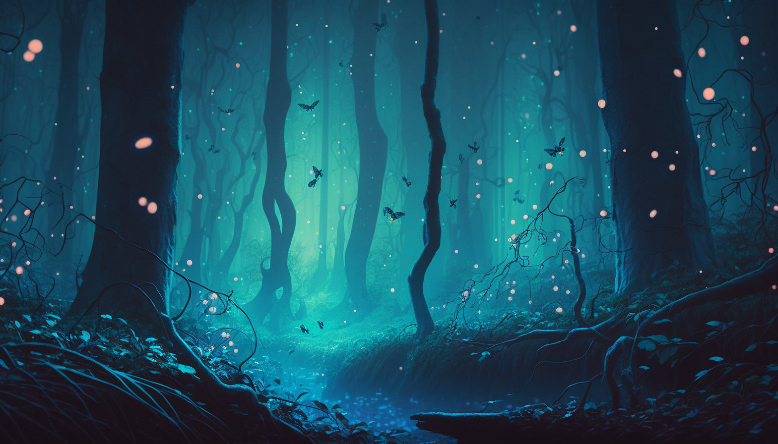 A dreamlike scene of a misty forest with glowing fireflies, highlighting the beauty of bioluminescence.