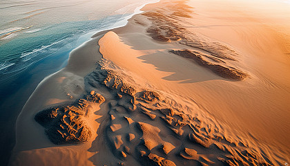 An aerial view of sand patterns created by the ebb and flow of the tide.