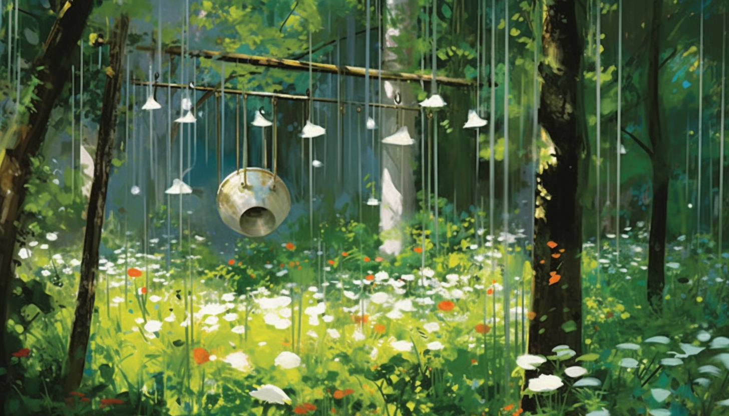 A gentle breeze causing chimes to sing a soothing tune in a garden.