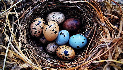 An abandoned nest with beautifully speckled eggs.