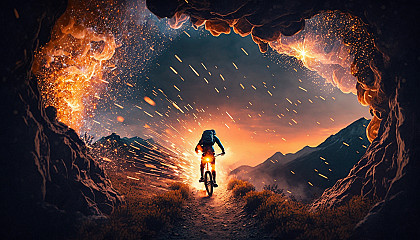 A bike rider zooming down a mountain trail with sparks flying from the wheels and a fiery sunset in the background.