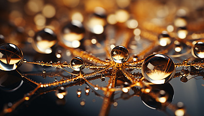 A macro shot of dewdrops glistening on a spider's web in the morning sunlight.