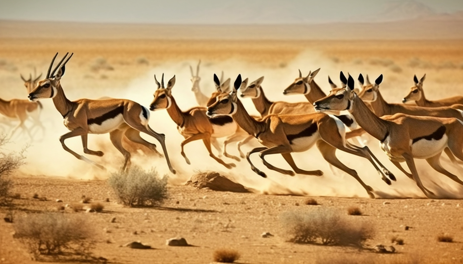 A herd of gazelles sprinting across an open plain