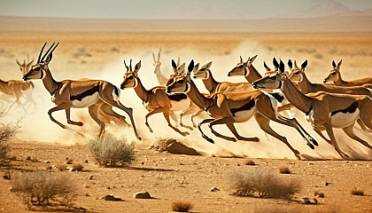 A herd of gazelles sprinting across an open plain
