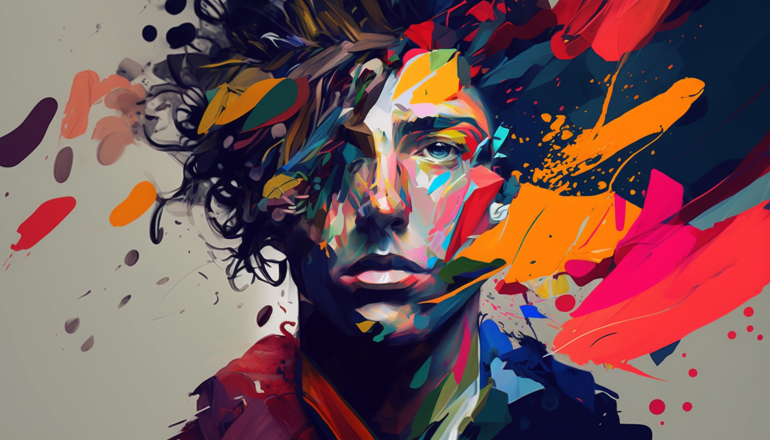 A digital portrait of a person with colorful, abstract shapes in the background