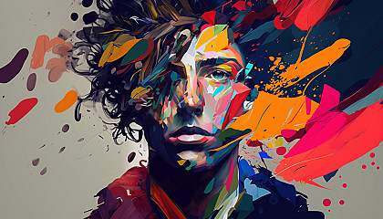 A digital portrait of a person with colorful, abstract shapes in the background