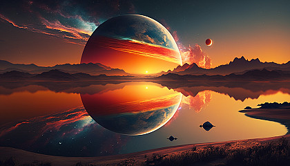 A vibrant sunset over a calm lake, with a planet hanging low on the horizon.