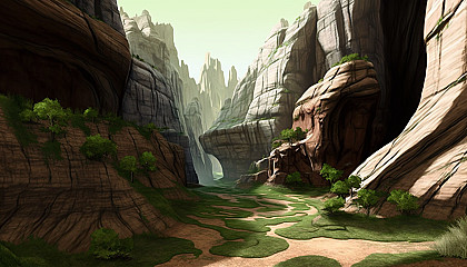 "Grass Canyon": A majestic canyon with striated rock formations, shaped by nature's forces. added grass