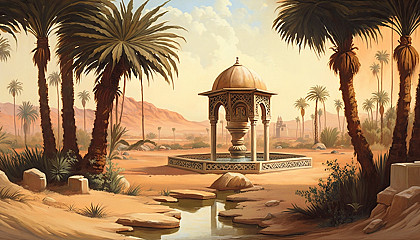 A painting of a traditional desert oasis with palm trees and water wells.