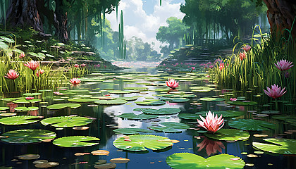 A tranquil pond filled with blooming water lilies.