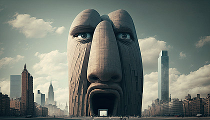 An image that exaggerates or amplifies certain features or aspects, such as a cartoonishly large nose or an impossibly tall building.