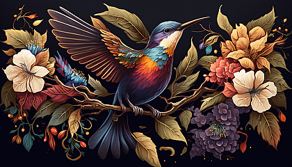 An illustration of a bird with its wings spread out, standing on a tree branch surrounded by a variety of colorful flowers.