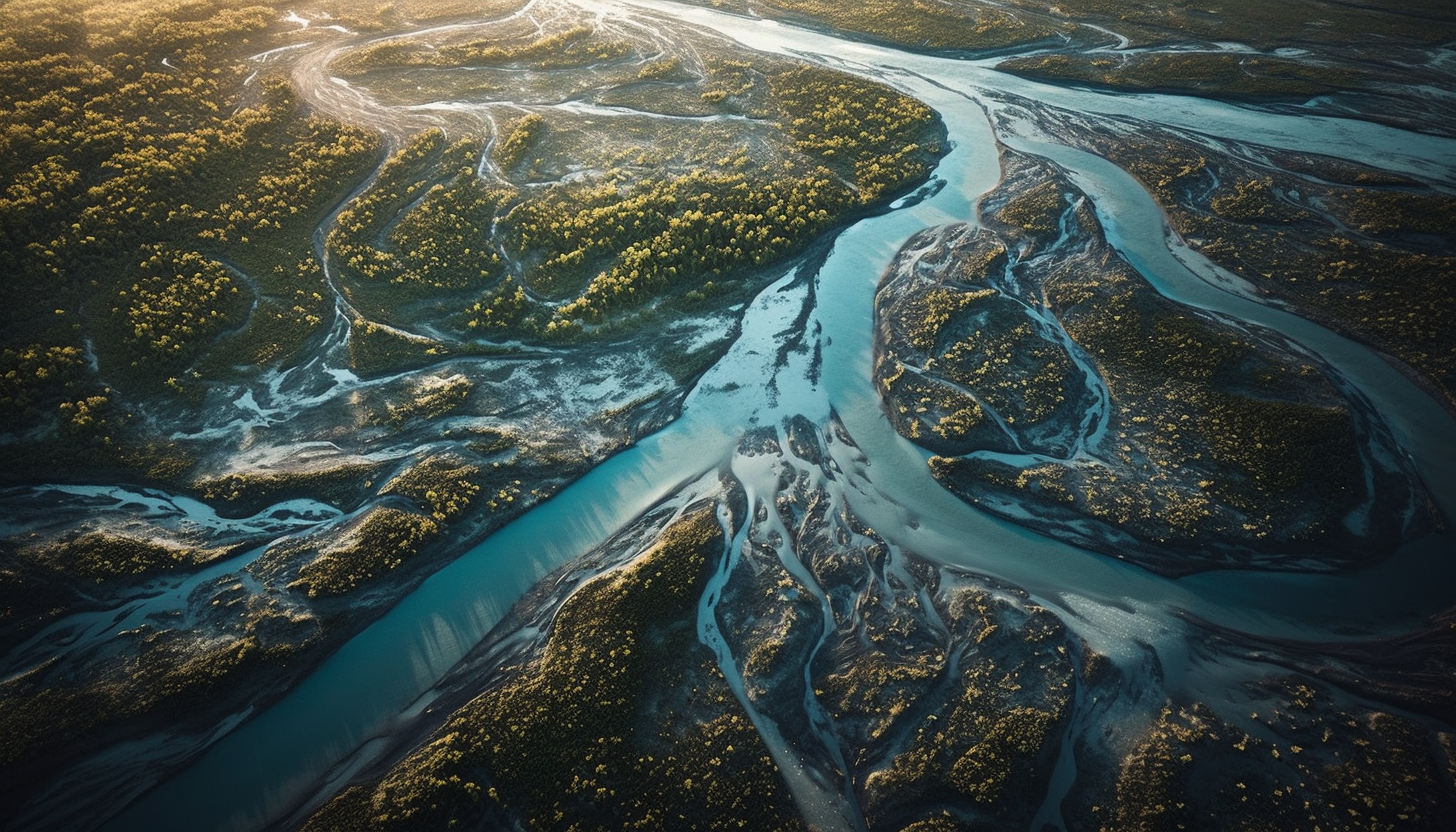 Aerial views of intricate river systems or captivating coastlines.