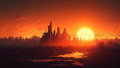 A view of a city skyline from a distance, with the sun setting behind it.