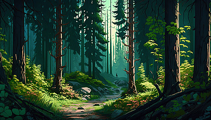 A dense forest with tall trees and green foliage.