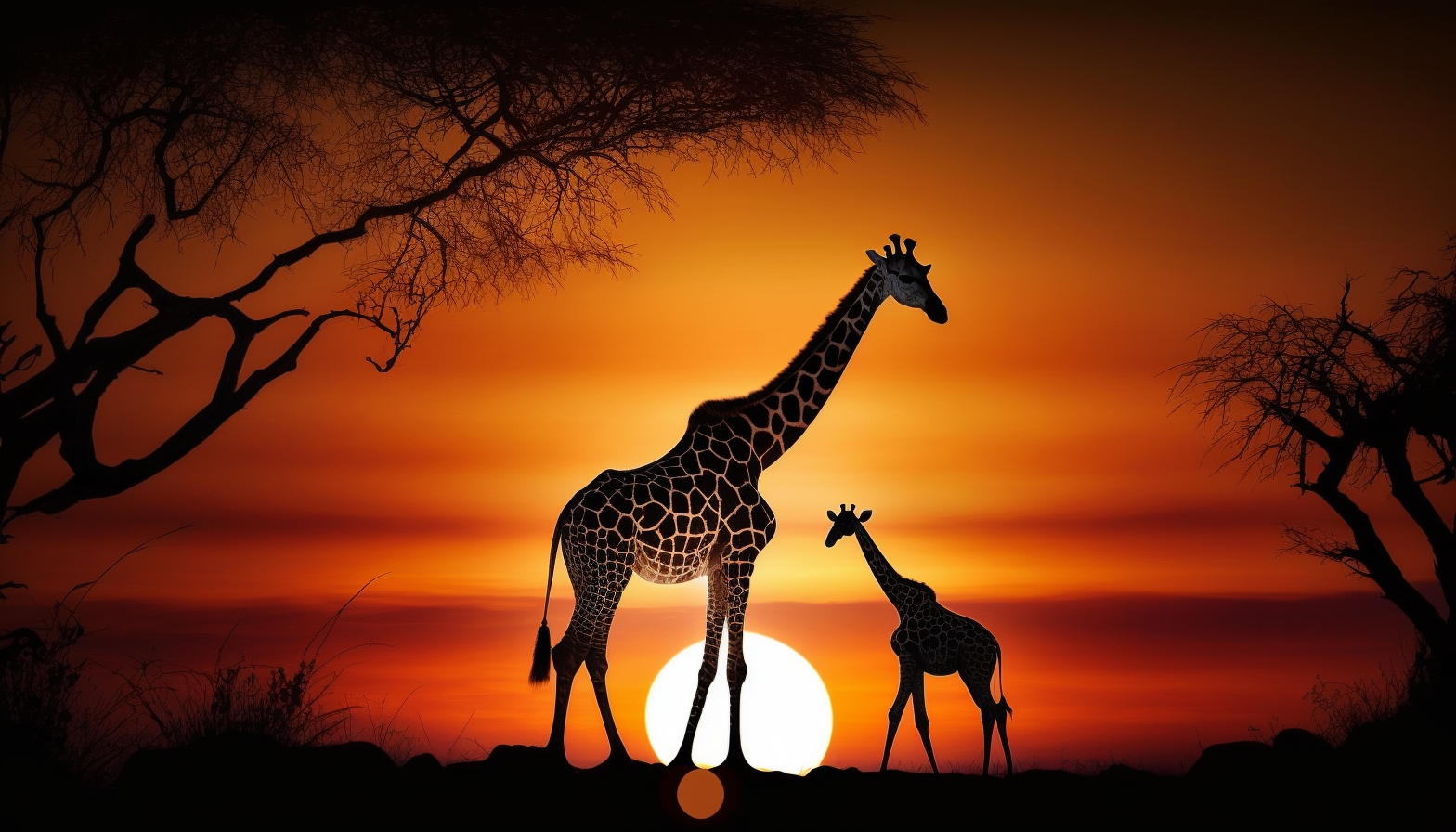 A mother giraffe and her calf with a beautiful sunset in the background