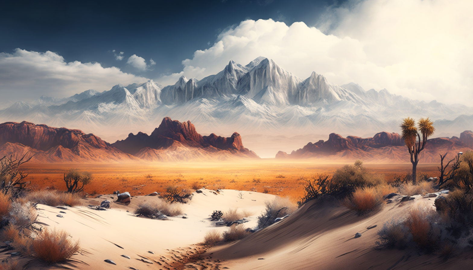 A desert landscape with snow-capped mountains in the background