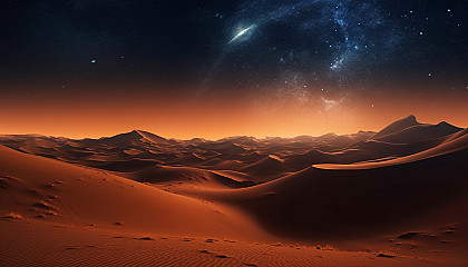 Towering sand dunes shifting with the wind under a starlit sky.