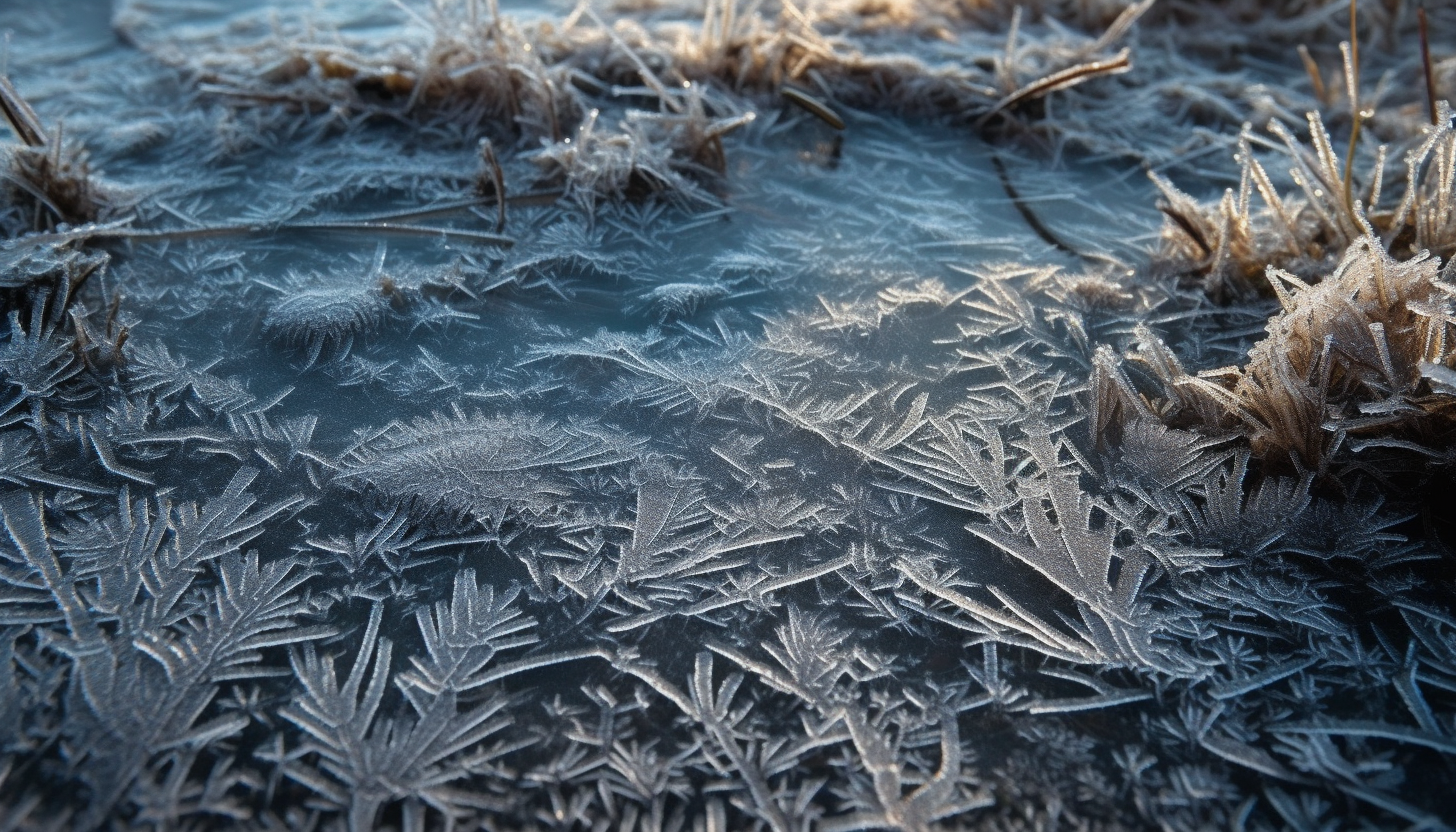 Intricate patterns formed by frost or ice on various surfaces.