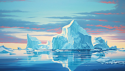 Icebergs adrift in a stark, polar seascape.