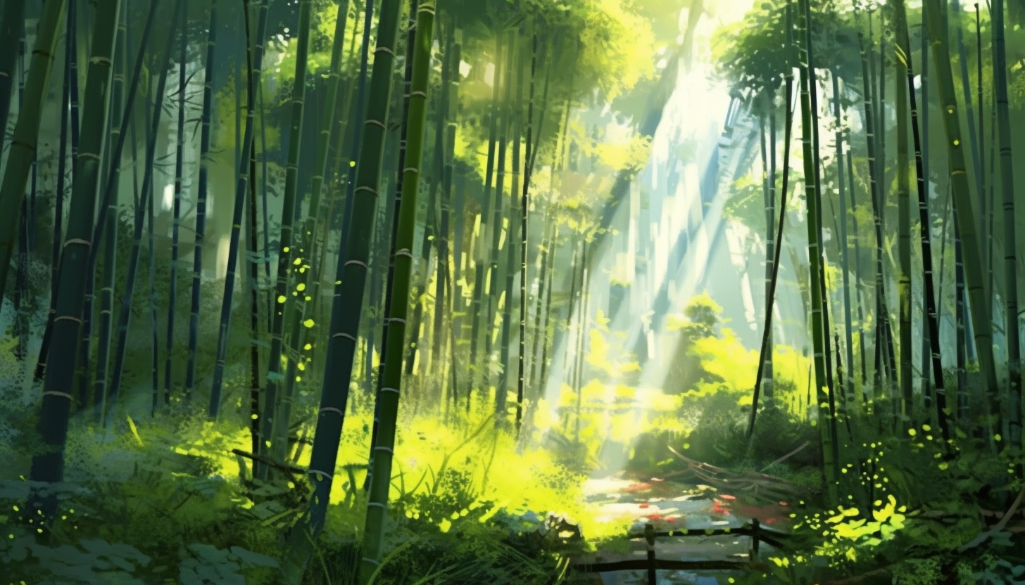 A dense bamboo forest with towering stalks and dappled sunlight.