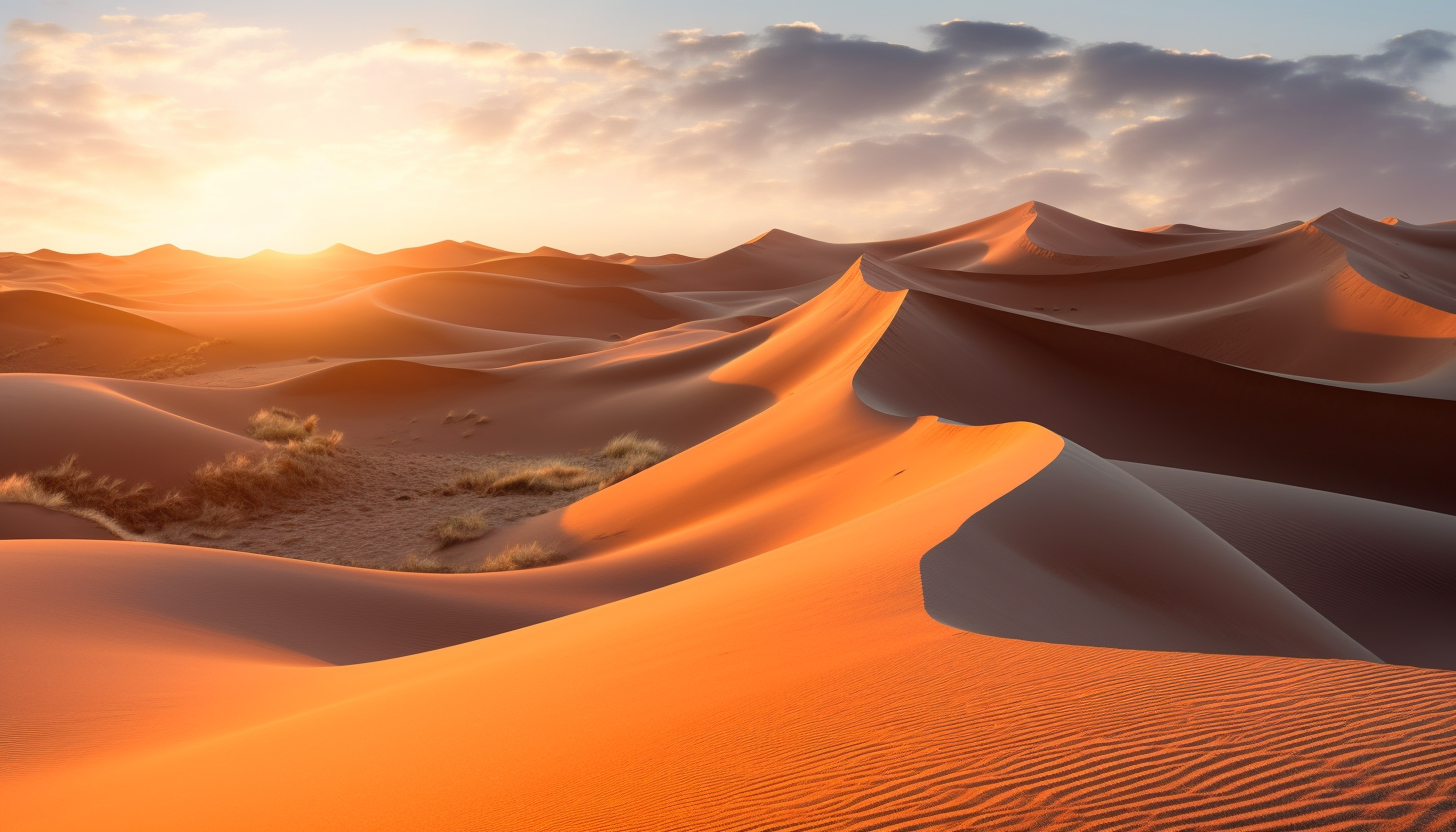 Sand dunes rippling under the glow of a setting sun.