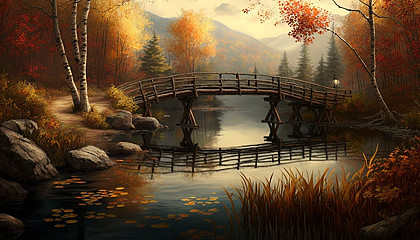 A tranquil river with a wooden bridge and autumn foliage.