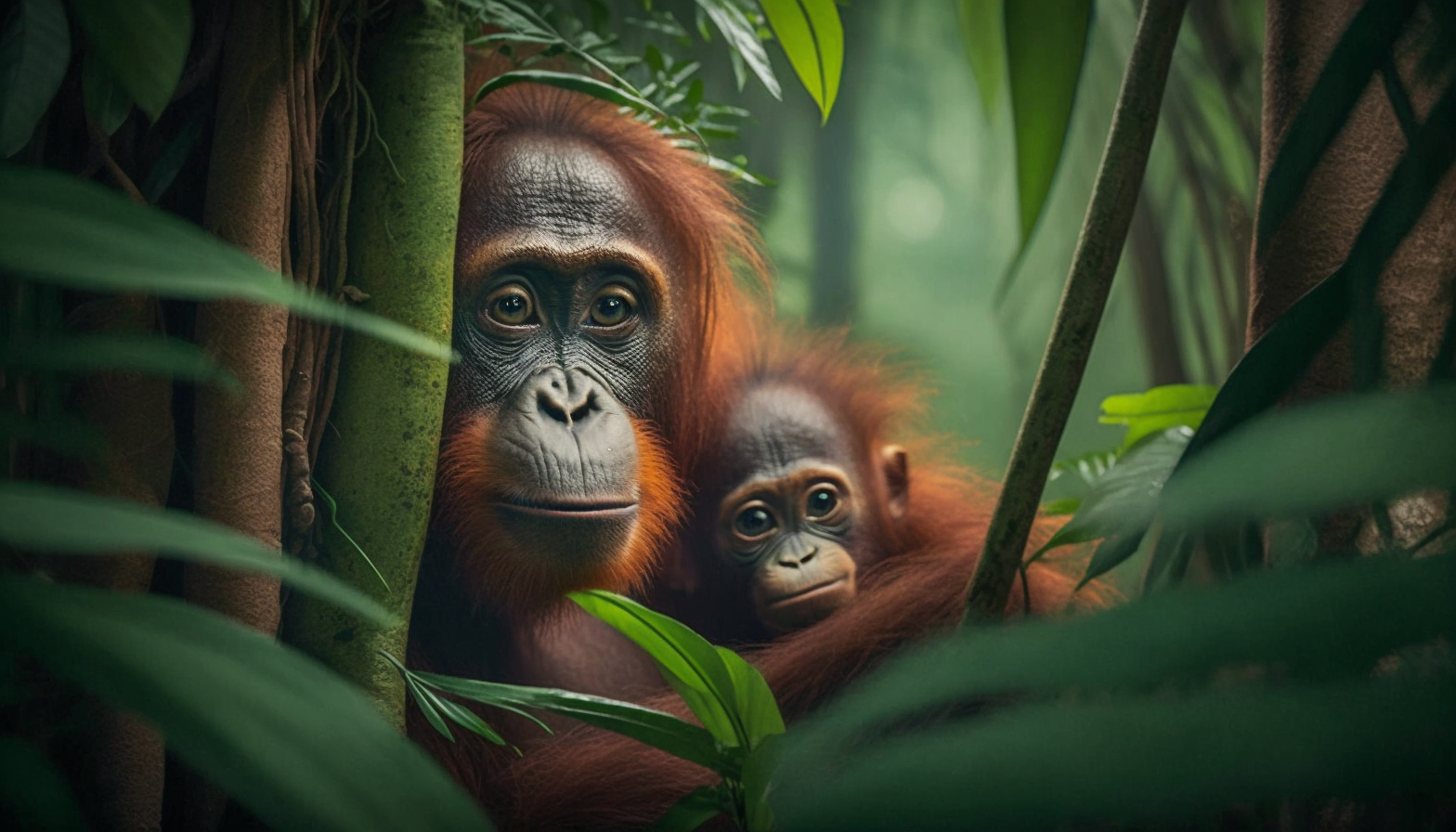 A mother orangutan with her baby in a lush rainforest