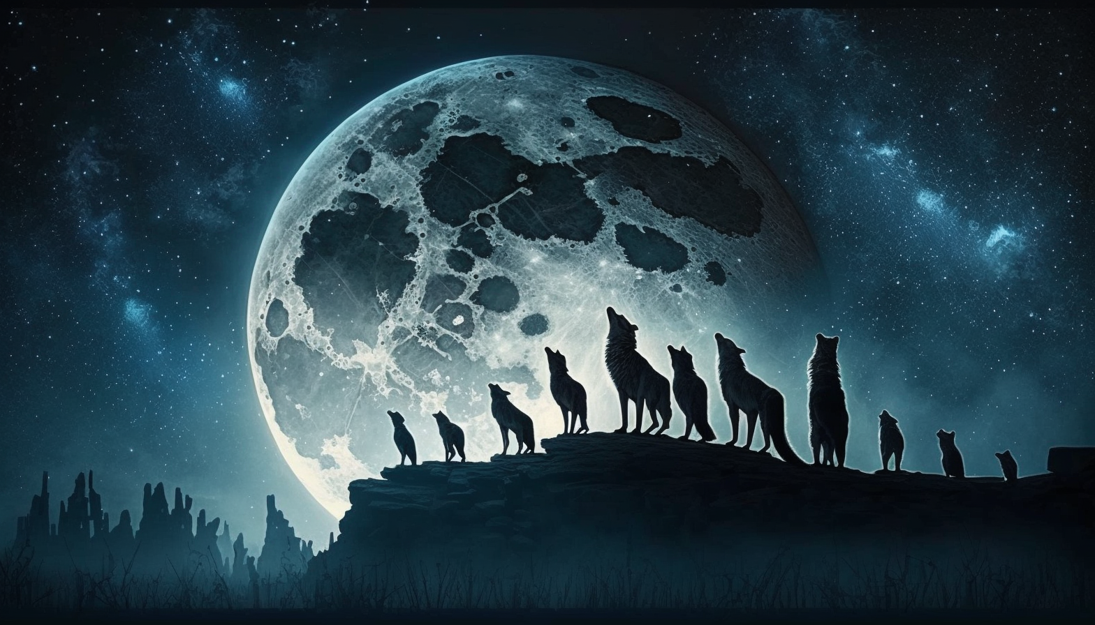 A pack of wolves howling at the moon