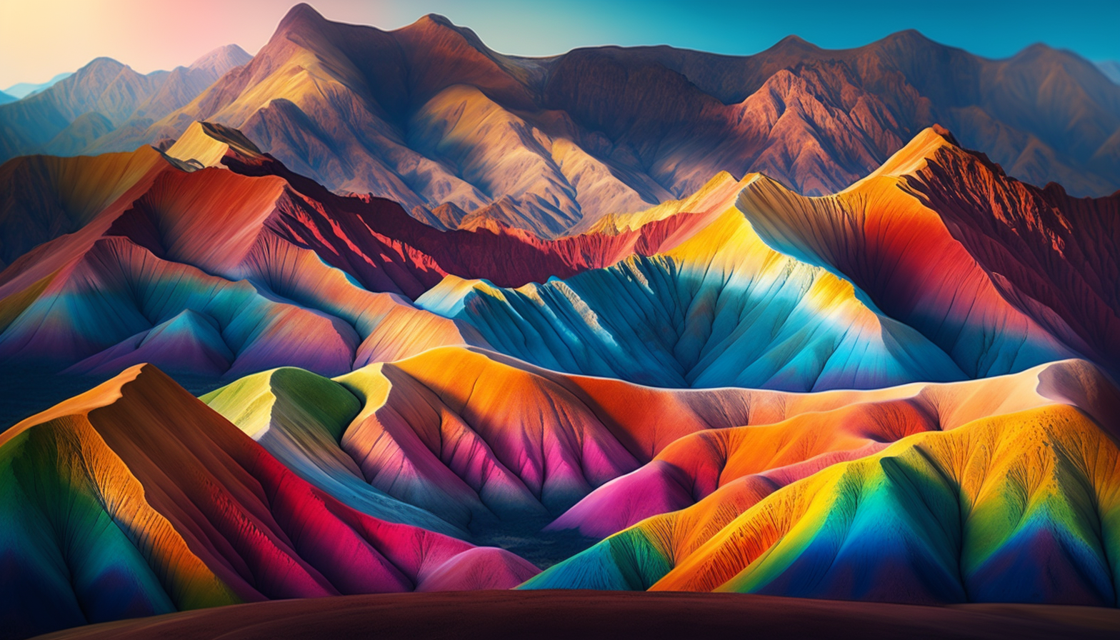 "Rainbow Mountains": A breathtaking landscape of mountains in vibrant colors, illuminated by the sun.