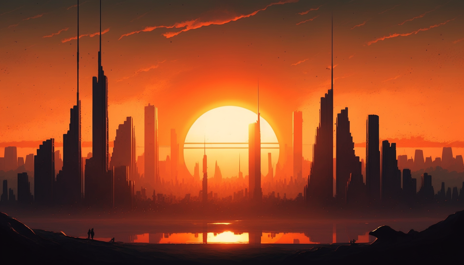 A view of a city skyline from a distance, with the sun setting behind it.