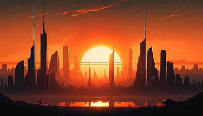 A view of a city skyline from a distance, with the sun setting behind it.