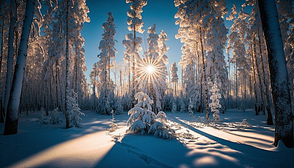 A snow-covered forest with a clear blue sky and sunlight peeking through the trees.
