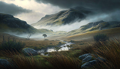 A misty morning in the hills, with rolling clouds and dew-covered grass.